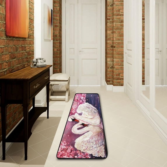 Dreamtimes Swans Pink Flowers Hallway Runner Rug 2'x6' Kitchen Rug with Rubber Backing Valentines Oil Painting Non Slip Entryway Rug Runner Washable Soft Area Rug for Hallway Bedroom Kitchen Decor