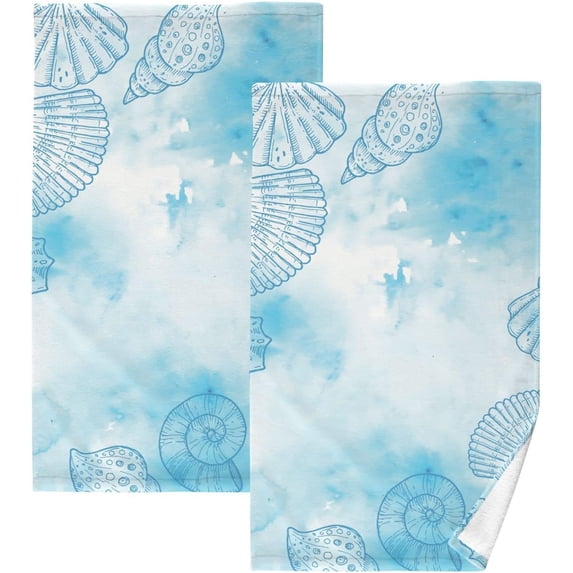 Dreamtimes Teal Shells Patterned Hand Towels 2 PCS, Cotton Bath Towel for Drying Face Hands Body Decorative Water Absorbent Lightweight Towels for Bathroom Ktichen Travel Gym,16"x28"