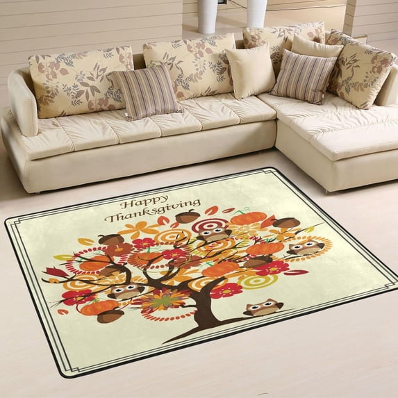 Dreamtimes Thanksgiving Day Area Rug, 36"x24" Tree Owls Pumpkins Non-Slip Washable Indoor Door Mat, Absorbent Floor Mat for Bedroom Kitchen Entryway Bathroom