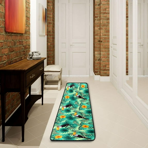 Dreamtimes Toucans Jungle Summer Hallway Runner Rug 2'x6' Kitchen Rug with Rubber Backing Tropical Leaves Flowers Non Slip Entryway Rug Runner Washable Soft Area Rug for Hallway Bedroom Kitchen Decor