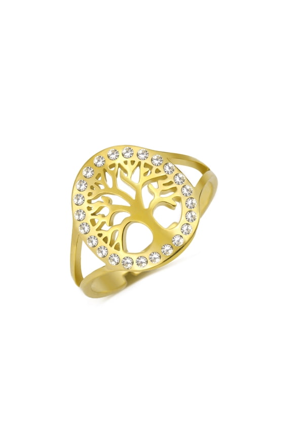 Dreamtimes Tree of Life Rings for Women Adjustable Opening Ring Stainless Steel Gold Color Clear Zircon Round Rings Family Tree Fashion Charm Luxury Jewelry Wedding Ring