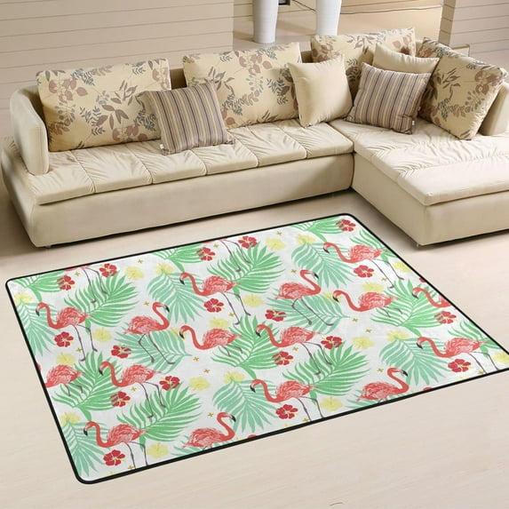 Dreamtimes Tropical Exotic Flamingo Palm Area Rug, 36"x24" Hibiscus Flower Non-Slip Washable Indoor Door Mat, Absorbent Floor Mat for Bedroom Kitchen Entryway Bathroom