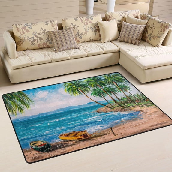 Dreamtimes Tropical Island Beach Area Rug, 36"x24" Paradise Oil Painting Non-Slip Washable Indoor Door Mat, Absorbent Floor Mat for Bedroom Kitchen Entryway Bathroom