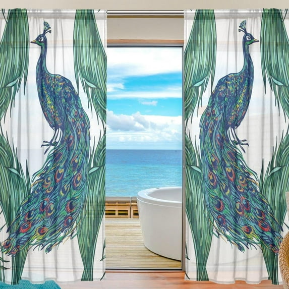 Dreamtimes Tropical Peacock On White W55 x L78 Inches Sheer Gauze Door Window Curtain Panels Drapes for Living Room Bedroom Kids Room Decoration Window Treatment Set of 2 Panels