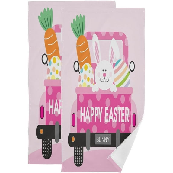 Dreamtimes Truck Bunny Egg Carrot Hand Towels 2 PCS, Pink Happy Easter Kitchen Towel Ultra Soft and Highly Absorbent,Decorative Fingertip Face Towel for Bathroom Hotel, 28.3"x14.4"