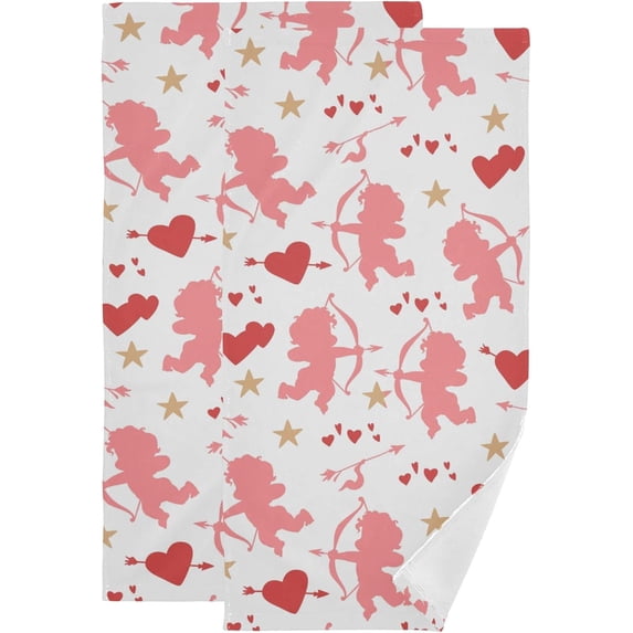 Dreamtimes Valentine Day Cute Pink Cupid Hearts Hand Towels 2 PCS, Kitchen Towel Ultra Soft and Highly Absorbent,Decorative Fingertip Face Towel for Bathroom Hotel, 28.3"x 14.4"