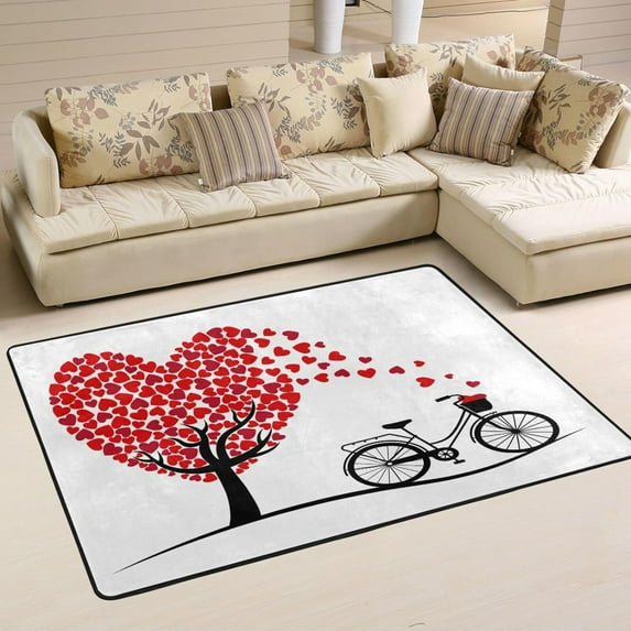 Dreamtimes Valentine Heart Tree Bike Non-Slip Area Rug 36"x24", Romantic Leaf Floor Carpet Comfort Floor Mats Decor for Indoor Front Porch,Living Room, Bedroom,Kitchen