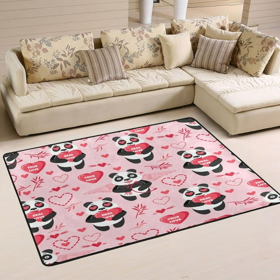Dreamtimes Valentine Panda Pink Non-Slip Area Rug 72"x48", Heart Wings Love Soft Non Slip Washable Floor Mats for Indoor Front Porch,Living Room, Bedroom,Kitchen