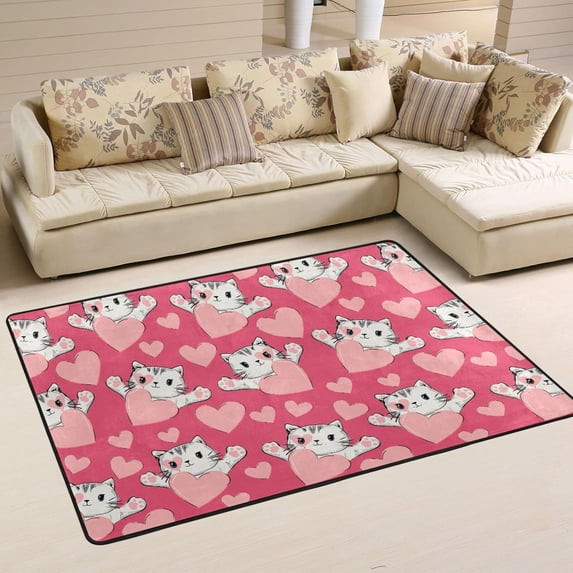 Dreamtimes Valentine's Day Cat Non-Slip Area Rug 72"x48", Cute Kitty Heart Soft Non Slip Washable Floor Mats for Indoor Front Porch,Living Room, Bedroom,Kitchen