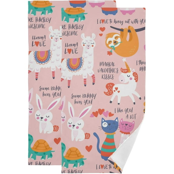 Dreamtimes Valentine's Day Cute Animals Hand Towels 2 PCS, Cartoon Heart Llama Unicorn Kitchen Towel Ultra Soft and Highly Absorbent,Decorative Fingertip Face Towel for Bathroom Hotel, 28.3"x14.4"