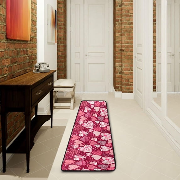 Dreamtimes Valentine's Day Hearts Hallway Runner Rug 2'x6' Kitchen Rug with Rubber Backing Pink Cute Love Floral Non Slip Entryway Rug Runner Washable Soft Area Rug for Hallway Bedroom Kitchen Decor