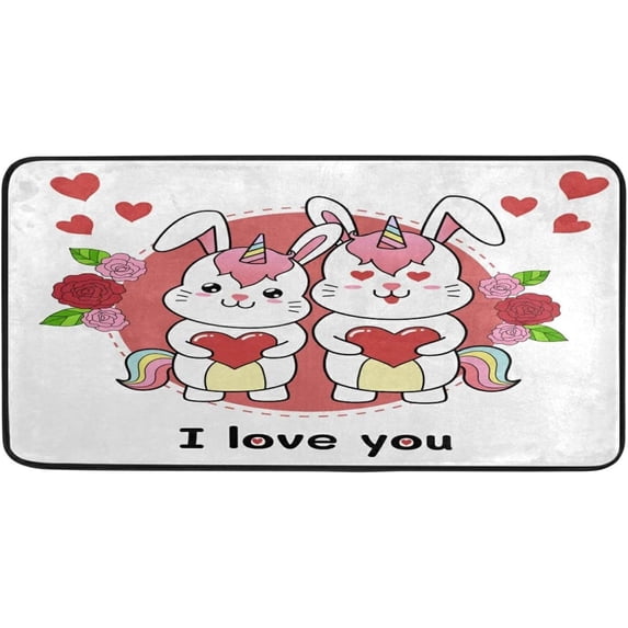 Dreamtimes Valentine's Day Kitchen Rug 39"x20", Valentine's Day Cute Bunny Non Slip Washable Cushioned Carpets Polyester AntiFatigue Comfort Porch Floor Mat for Washroom Bedroom Bedroom Office