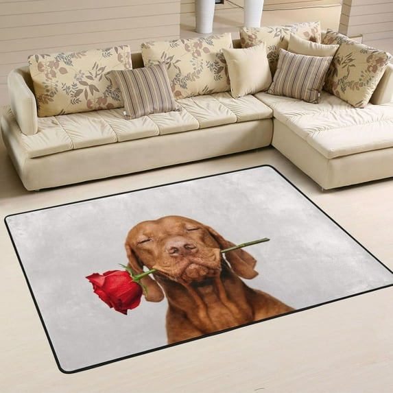 Dreamtimes Valentines Day Cute Dog Non-Slip Area Rug 72"x48", Romantic Rose Soft Non Slip Washable Floor Mats for Indoor Front Porch,Living Room, Bedroom,Kitchen