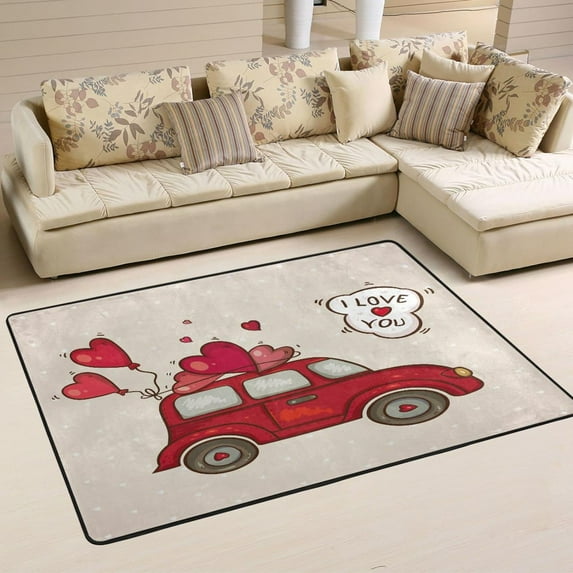 Dreamtimes Valentines Day Red Car Non-Slip Area Rug 36"x24", Heart Cute Vintage Floor Carpet Comfort Floor Mats Decor for Indoor Front Porch,Living Room, Bedroom,Kitchen