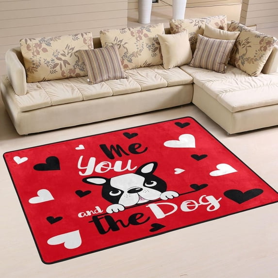 Dreamtimes Valentines Dog Non-Slip Area Rug 36"x24", Black White Hearts Floor Carpet Comfort Floor Mats Decor for Indoor Front Porch,Living Room, Bedroom,Kitchen