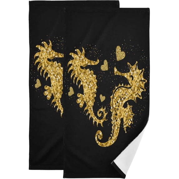 Dreamtimes Valentines Golden Seahorses Couple Hand Towels 2 PCS, Glitter Glow Hearts Kitchen Towel Ultra Soft and Highly Absorbent,Decorative Fingertip Face Towel for Bathroom Hotel, 28.3"x14.4"