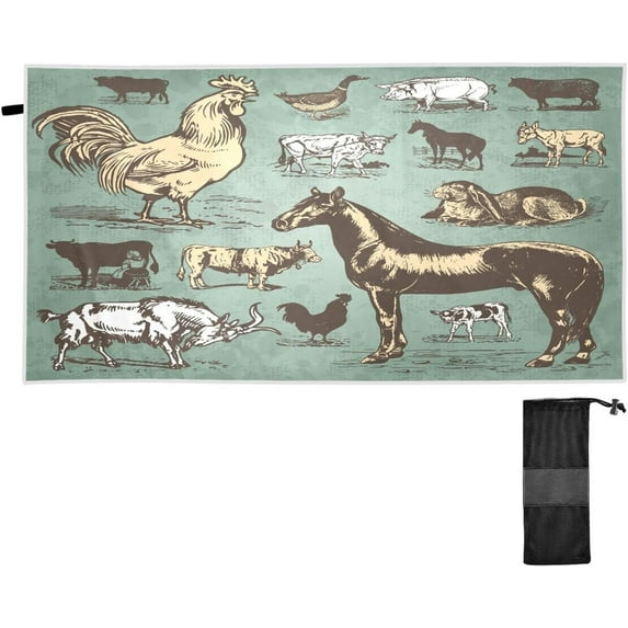 Dreamtimes Vintage Farm Animals Beach Towel Super Soft Microfiber Sand Free Beach Towels, Oversized Camping Pool Towel, Lightweight, Breathable & Quick Dry Towels, 31x71in