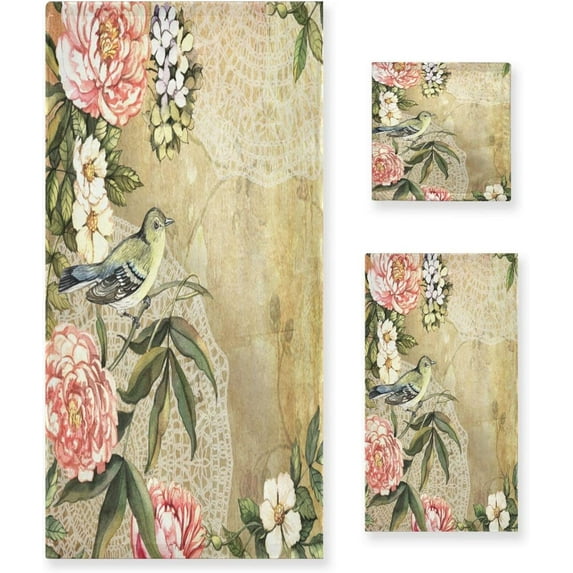 Dreamtimes Vintage Flower Birds Towel Set of 3, Ultra Soft and Absorbent Bath Towels for Bathroom Sports Gym Swim Spa Beach (1 Bath Towel, 1 Hand Towel & 1 Washcloth)