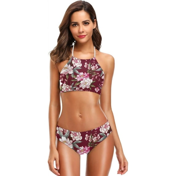 Dreamtimes Vintage Flowers On Red Swimsuits Padded Bikini Sets Sexy Swimwear for Women, X-Large