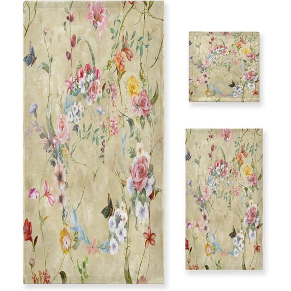 Dreamtimes Vintage Flowers Towel Set of 3, Ultra Soft and Absorbent Bath Towels for Bathroom Sports Gym Swim Spa Beach (1 Bath Towel, 1 Hand Towel & 1 Washcloth)