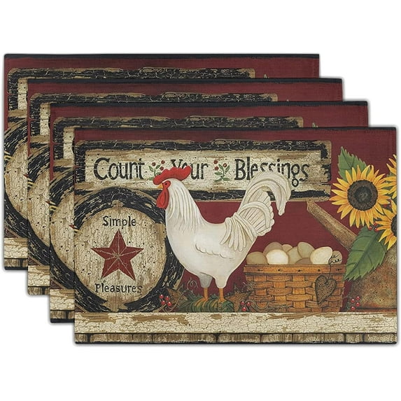Dreamtimes Vintage Rooster Placemats Set of 4 Farmhouse Chicken Linen Table Mat Rustic Country Style Farm Animal Print Heat Resistant Non-Slip Washable Place Mats for Dining Kitchen Party Decor