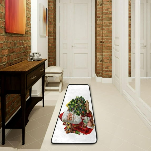 Dreamtimes Vintage Santa Claus Hallway Runner Rug 2'x6' Kitchen Rug with Rubber Backing Christmas Tree Gifts Non Slip Entryway Rug Runner Washable Soft Area Rug for Hallway Bedroom Kitchen Decor