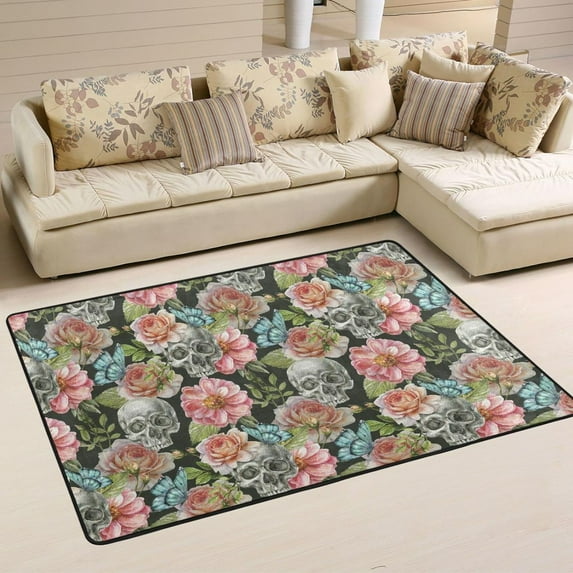 Dreamtimes Vintage Skull Flower Non-Slip Area Rug 72"x48", Floral Butterfly Fall Soft Non Slip Washable Floor Mats for Indoor Front Porch,Living Room, Bedroom,Kitchen
