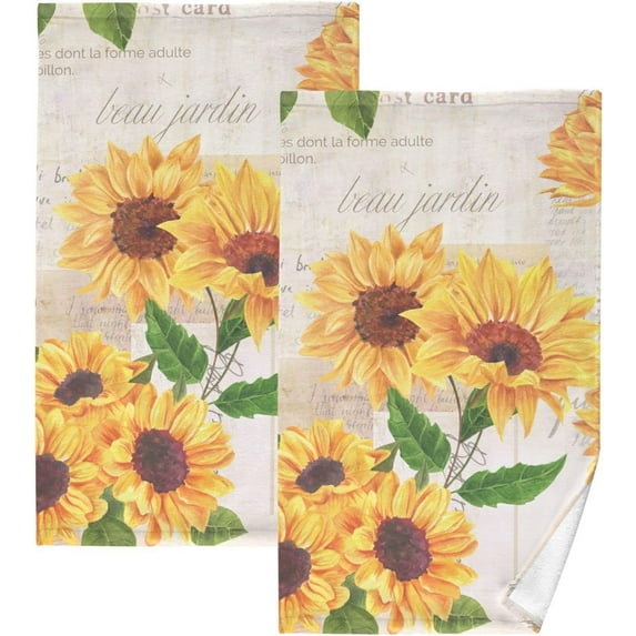 Dreamtimes Vintage Sunflower Floral Art Cotton Towels Set 2 Pcs Absorbent Hand Towel Face Towels Kitchen Towels Bath Towels for Bathroom Laundry Room Kitchen 16 x 28 Inches