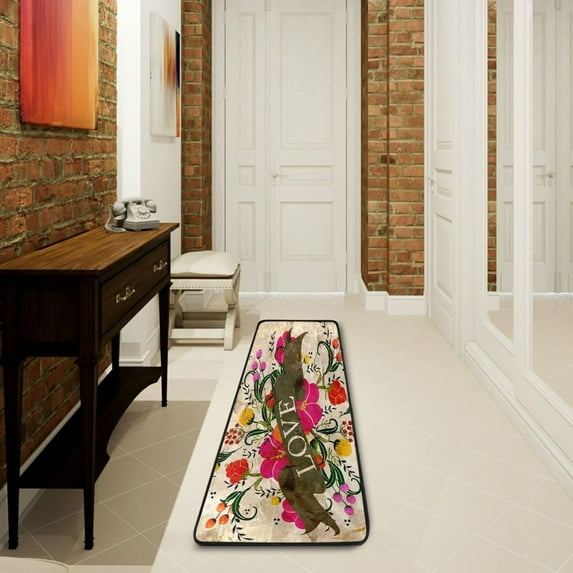 Dreamtimes Vintage Valentine Flower Hallway Runner Rug 2'x6' Kitchen Rug with Rubber Backing Love Quote Non Slip Entryway Rug Runner Washable Soft Area Rug for Hallway Bedroom Kitchen Decor