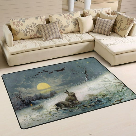 Dreamtimes Vintage Winter Rabbits Non-Slip Area Rug 72"x48", Snowy Night Soft Non Slip Washable Floor Mats for Indoor Front Porch,Living Room, Bedroom,Kitchen