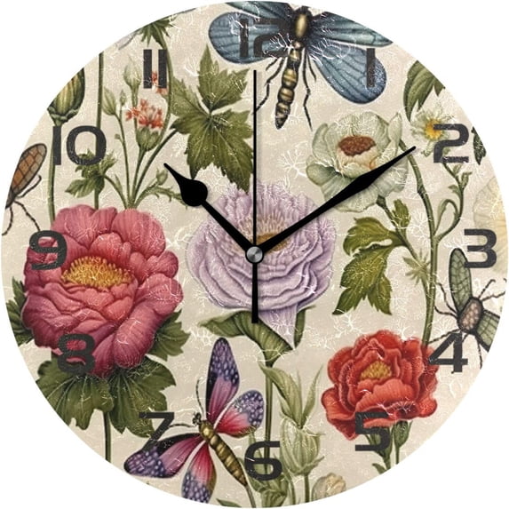 Dreamtimes Wall Clock Floral Butterfly 10 Inch Silent Non Ticking Quality Quartz Battery Operated Digital Round Easy to Read for Home Office Kitchen Decorative