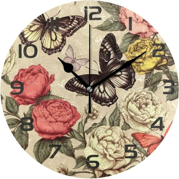 Dreamtimes Wall Clock Flowers Butterflies 10 Inch Silent Non Ticking Quality Quartz Battery Operated Digital Round Easy to Read for Home Office Kitchen Decorative