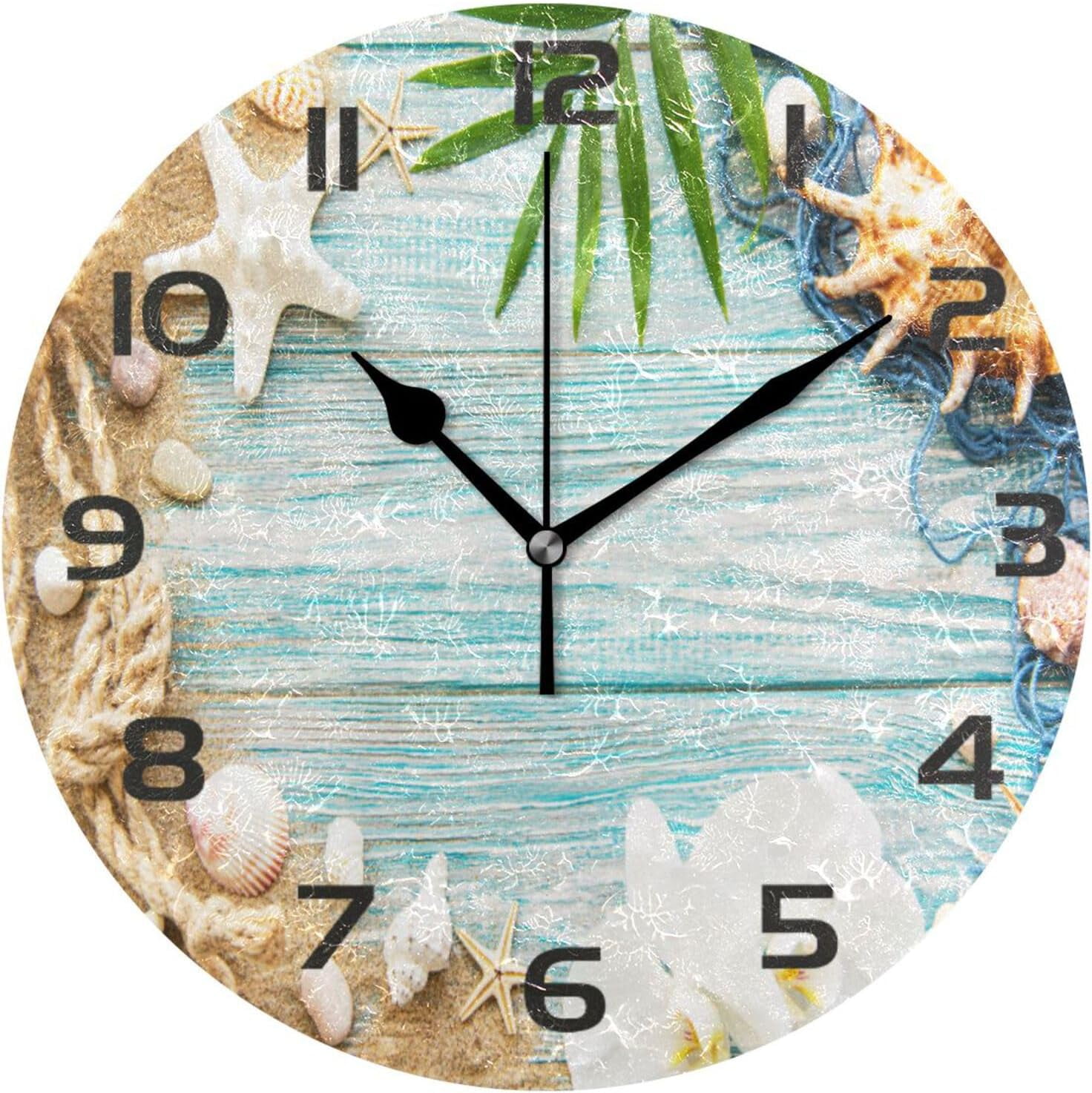 Dreamtimes Wall Clock Seashells on Sand 10 Inch Silent Non Ticking ...