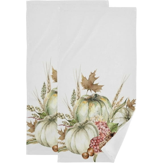 Dreamtimes Watercolor Autumn Pumpkins Hand Towels 2 Pack, Ultra Soft and Highly Absorbent, Fall Leaves Berries Decorative Fingertip Towel for Home, Bathroom, Kitchen