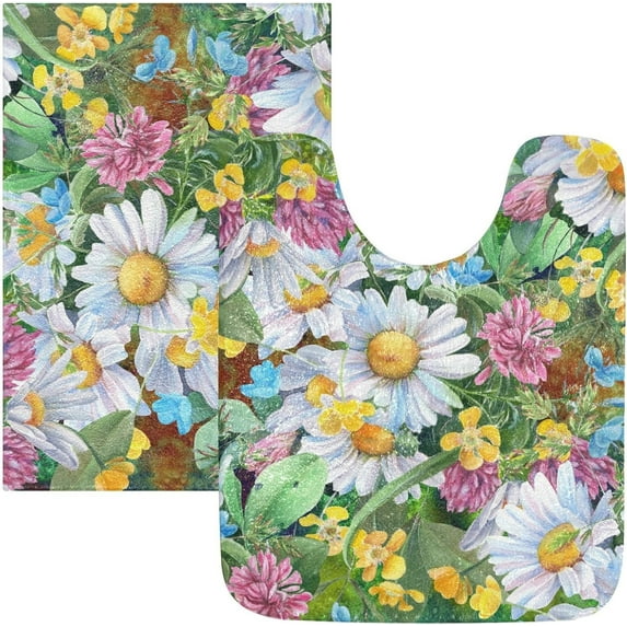 Dreamtimes Watercolor Daisy Bathroom Rug Set 2PCS Ultra Soft Bath Rugs, Non Slip Absorbent Shaggy Bath Mat Set with U-Shaped Toilet Mat (16" x 24" & 20" x 24")