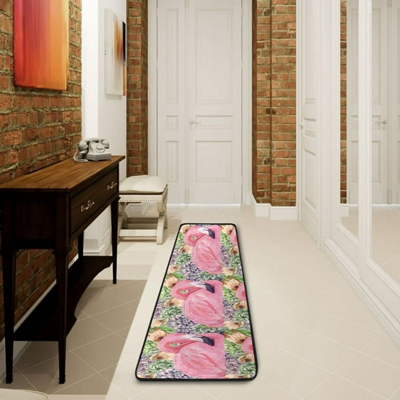 Dreamtimes Watercolor Flamingo Hallway Runner Rug 2'x6' Kitchen Rug with Rubber Backing Tropical Palm Leaves Non Slip Entryway Rug Runner Washable Soft Area Rug for Hallway Bedroom Kitchen Decor
