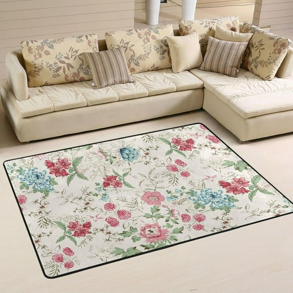 Dreamtimes Watercolor Flower Colorful Area Rug, 36"x24" Pink Floral Spring Non-Slip Washable Indoor Door Mat, Absorbent Floor Mat for Bedroom Kitchen Entryway Bathroom