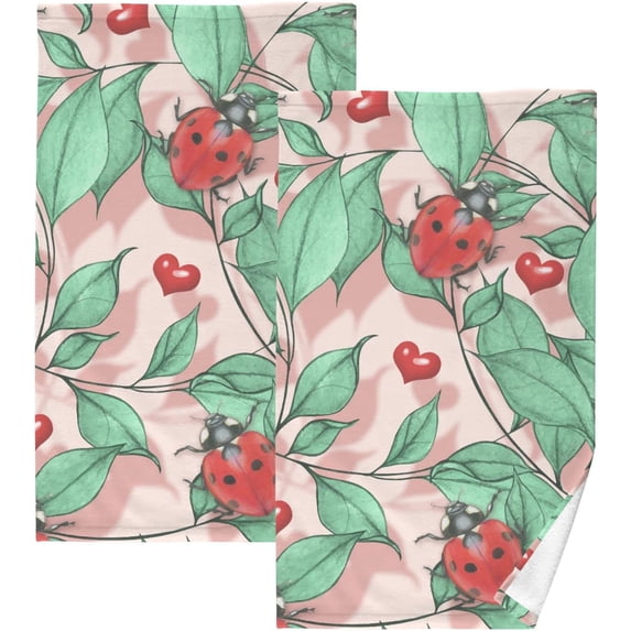 Dreamtimes Watercolor Ladybug Red Patterned Hand Towels 2 PCS, Cotton Bath Towel for Drying Face Hands Body Decorative Water Absorbent Lightweight Towels for Bathroom Ktichen Travel Gym,16"x28"