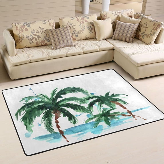 Dreamtimes Watercolor Palm Trees Area Rug 72x48in Summer Sea Beach Non-Slip Floor Carpet Comfort Floor Mats Decor for Indoor Living Dining Room and Bedroom Area