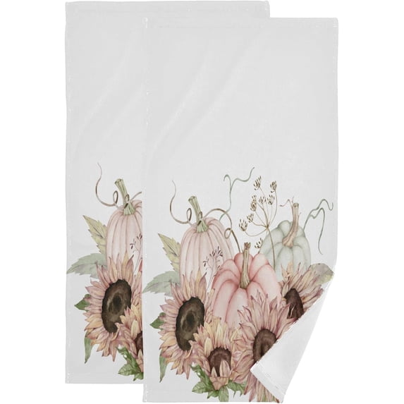 Dreamtimes Watercolor Pastel Pumpkins Hand Towels 2 PCS, Ultra Soft and Highly Absorbent, Sunflowers Fall Leaves Decorative Fingertip Towel for Home, Bathroom, Kitchen, 28.3"x14.4"