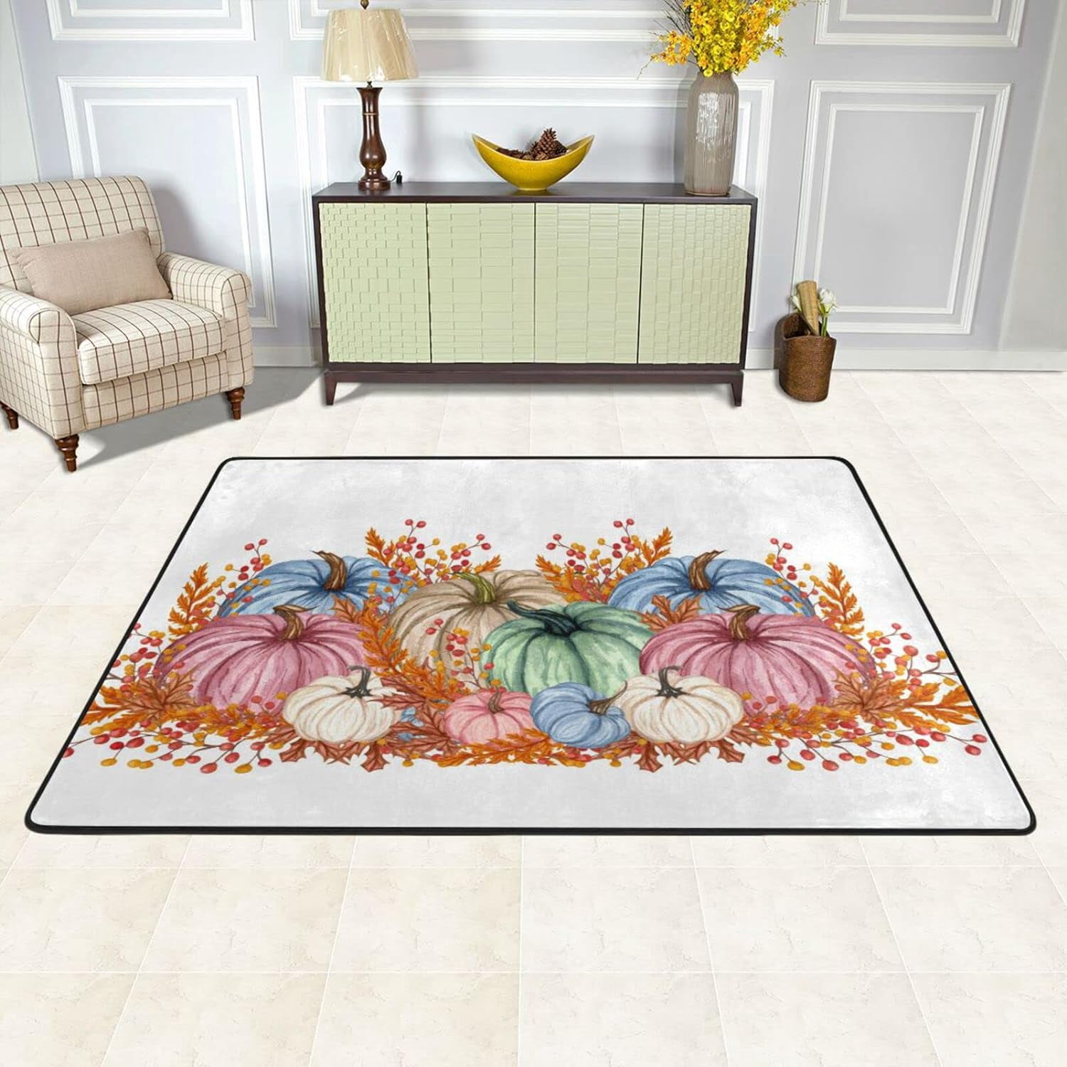 Dreamtimes Watercolor Pink Blue Pumpkins Area Rug 72x48in Autumn ...