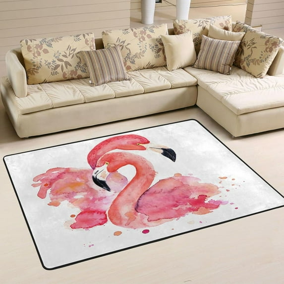 Dreamtimes Watercolor Pink Flamingos Area Rug, 36"x24" Summer Tropical Floor Carpet Non-Slip Washable Indoor Door Mat for Bedroom Kitchen Entryway Bathroom