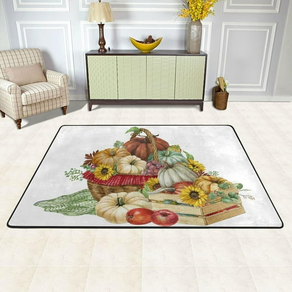 Dreamtimes Watercolor Pumpkin Basket Area Rug, 36"x24" Fall Flower Non-Slip Washable Indoor Door Mat, Absorbent Floor Mat for Bedroom Kitchen Entryway Bathroom