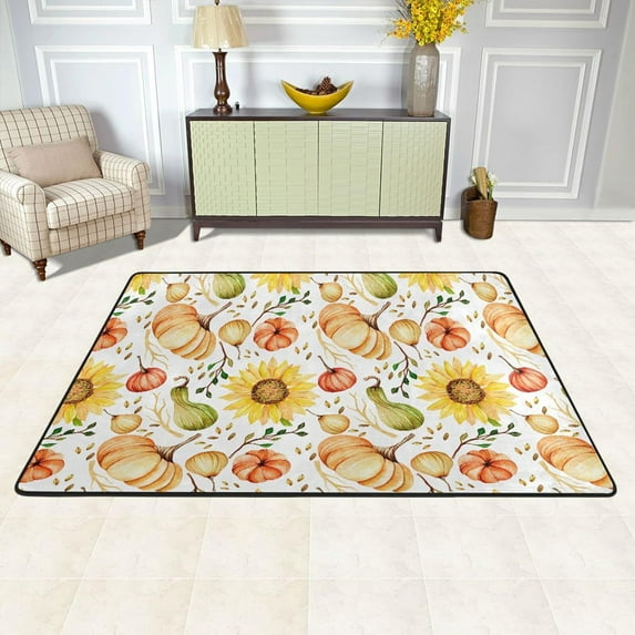 Dreamtimes Watercolor Pumpkin Orange Area Rug, 36"x24" Fall Sunflower Non-Slip Washable Indoor Door Mat, Absorbent Floor Mat for Bedroom Kitchen Entryway Bathroom