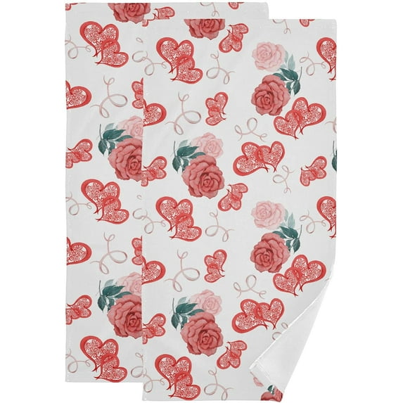 Dreamtimes Watercolor Roses Hearts Hand Towels 2 PCS, Valentine Flower Kitchen Towel Ultra Soft and Highly Absorbent,Decorative Fingertip Face Towel for Bathroom Hotel, 28.3"x14.4"