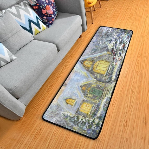 Dreamtimes Watercolor Snow House Hallway Runner Rug 2'x6' Kitchen Rug with Rubber Backing Winter Firs Tree Non Slip Entryway Rug Runner Washable Soft Area Rug for Hallway Bedroom Kitchen Decor