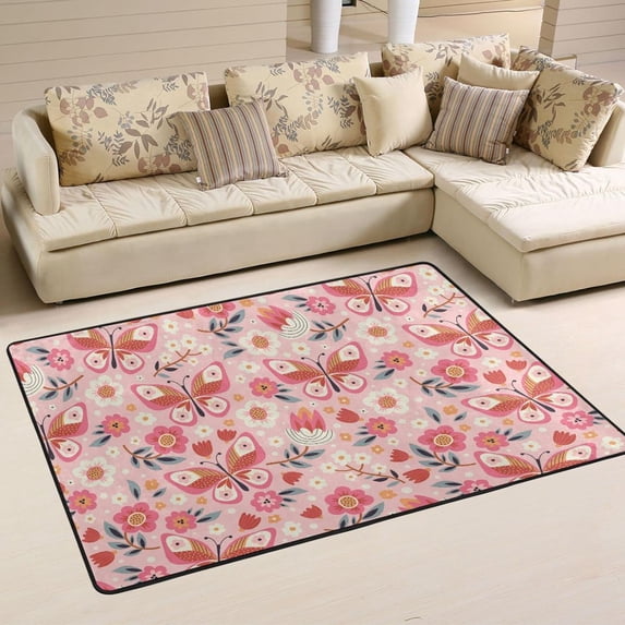 Dreamtimes Watercolor Spring Summer Area Rug, 36"x24" Funny Flowers Butterflies Non-Slip Washable Indoor Door Mat, Absorbent Floor Mat for Bedroom Kitchen Entryway Bathroom