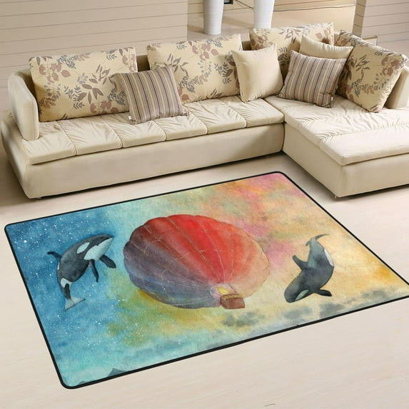 Dreamtimes Watercolor Whales Area Rug, 36"x24" Colorful Air Balloon Non-Slip Washable Indoor Door Mat, Absorbent Floor Mat for Bedroom Kitchen Entryway Bathroom