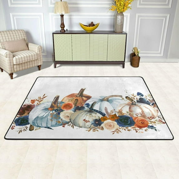 Dreamtimes Watercolour Pumpkin Fall Area Rug, 36"x24" Floral Bouquets Navy Blue Orange Non-Slip Washable Indoor Door Mat, Absorbent Floor Mat for Bedroom Kitchen Entryway Bathroom