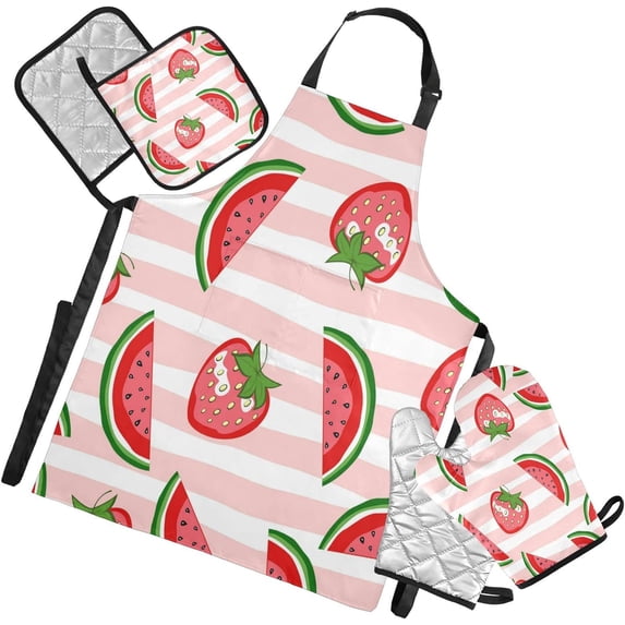 Dreamtimes Watermelon Strawberry Stripe Apron Home Kitchen Cooking,Kitchen Accessories Set,5 Set -Apron Oven Mitt Glove and Pot Holder Kitchen Linen Sets